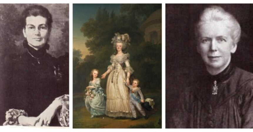 Two black and white portraits of white women, one with dark hair and glasses (Moberly) and one with blonde hair (Jourdain), flanking a portrait of Marie Antoinette.