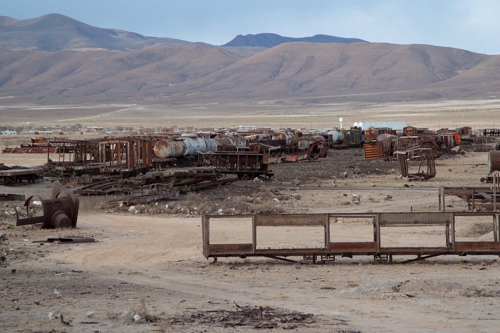 A big-picture view of Bolivia's Great Train Cemetery in Uyuni.