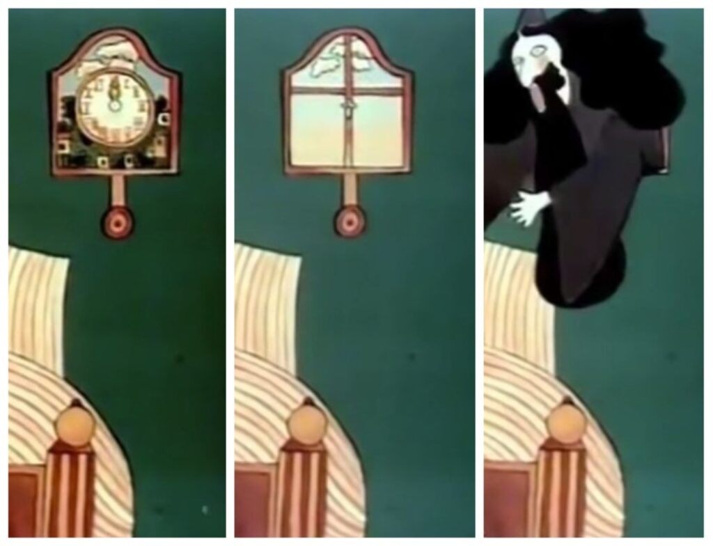 A series of three stills from the Nickelodeon "Clock Man" video showing a man with bushy hair climbing out of a clock on the wall.