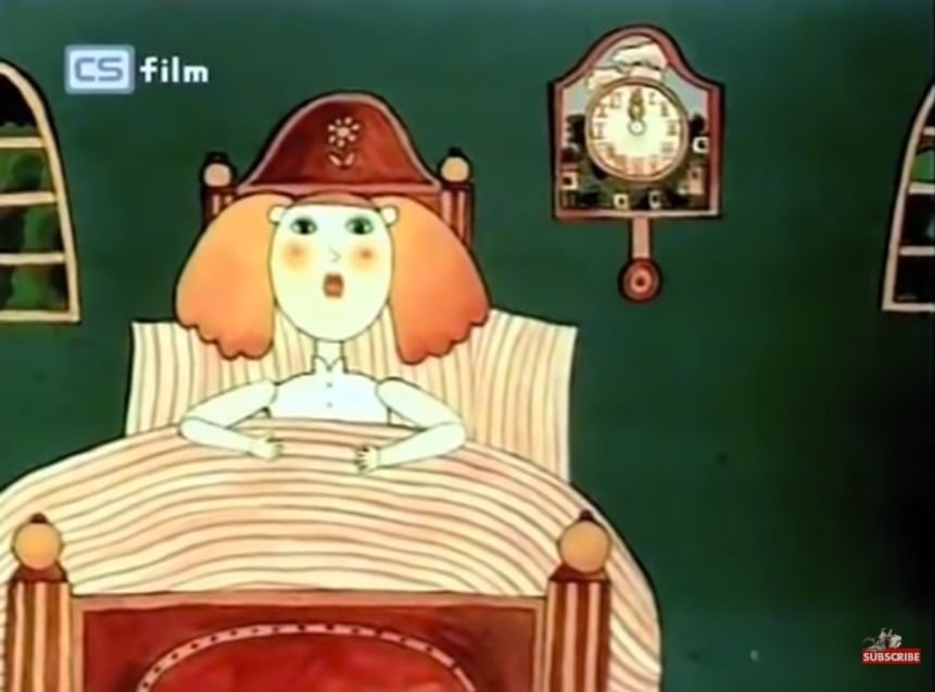A still from the Nickelodeon "Clock Man" cartoon showing a girl in bed with a clock on the wall.