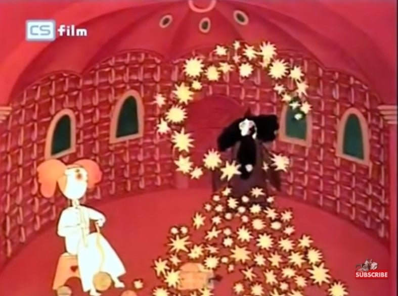 A still from the Nickelodeon "Clock Man" cartoon showing a girl crocheting stars for a man with bushy black hair.