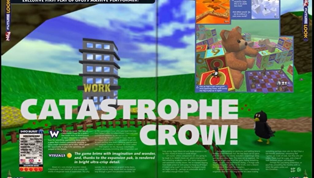 Magazine coverage of the fictional game Catastrophe Crow
