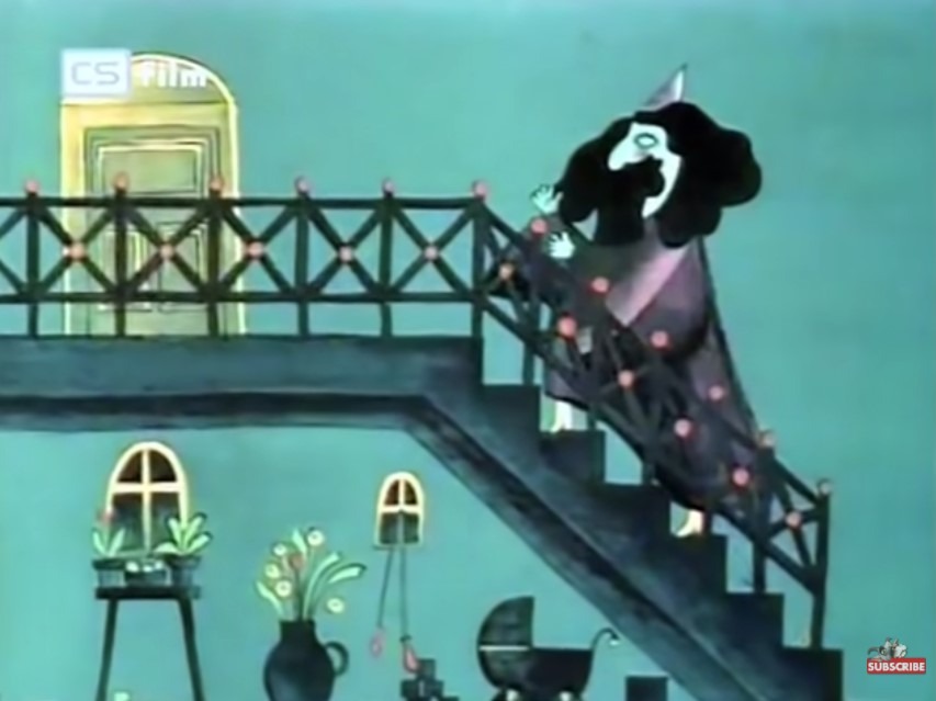 A still from About Dressy Sally showing a man with bushy black hair climbing stairs