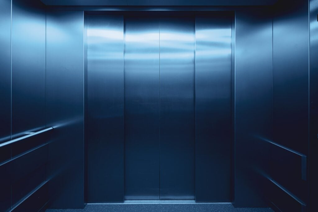 Elevator doors, closed, viewed from the inside