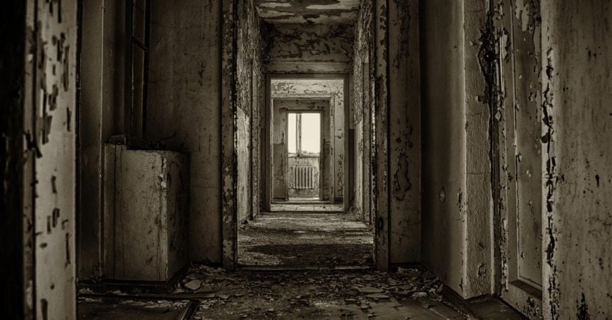 Looking down a hallway in an abandoned house