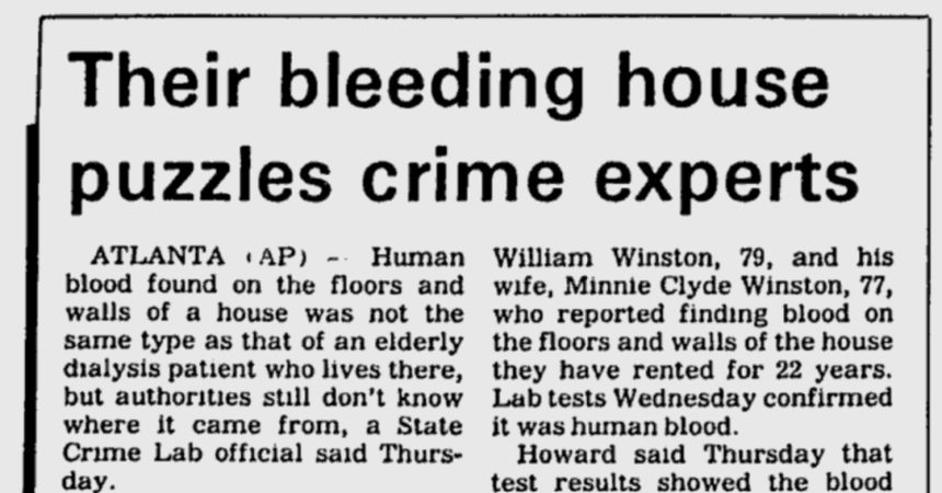 Headline from the Associated Press reading: Their Bleeding House Puzzles Crime Experts