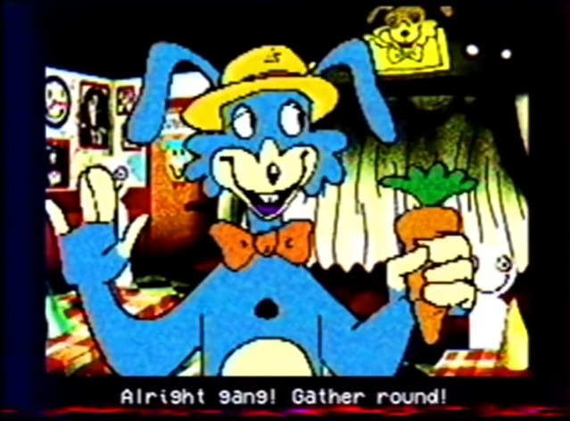 A screenshot from episode three of The Walten Files depicting the Bunny Farm arcade game