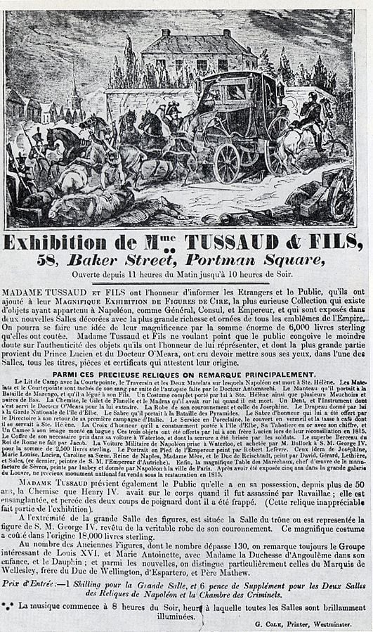 An advertisement for Madame Tussauds in French, dated 1835