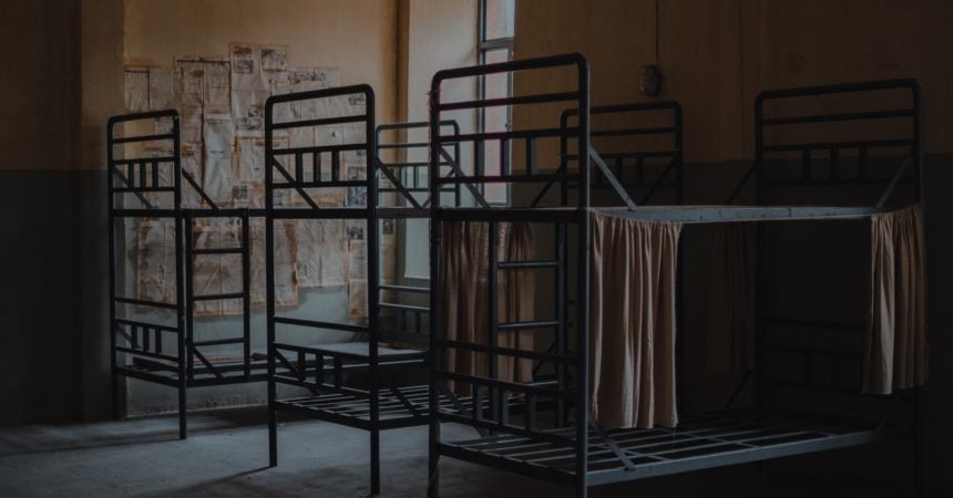 Metal bunk beds in an abandoned room