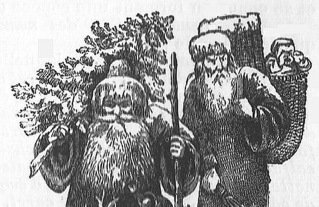 A vintage illustration of Saint Nicolas/Pere Noel and Pere Fouettard