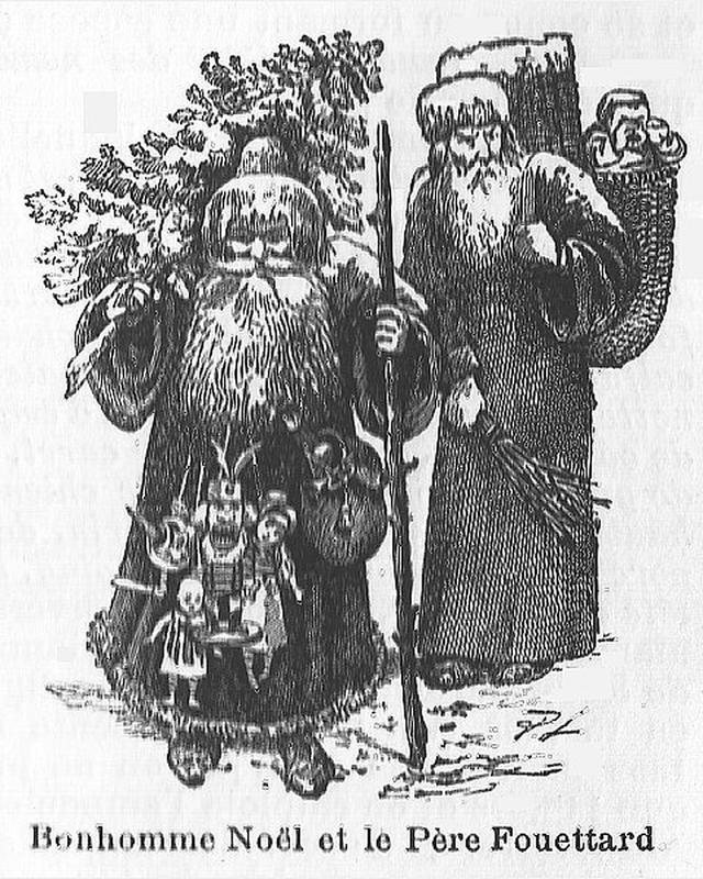 A vintage illustration of Saint Nicolas/Pere Noel and Pere Fouettard