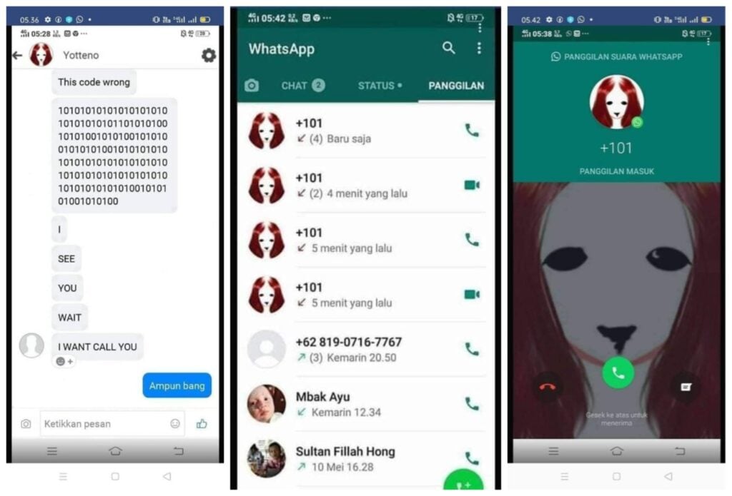 Three screenshots showing a Facebook message with Yotteno, a WhatsApp call log of many calls from Yotteno, and an incoming Whatsapp call from Yotteno