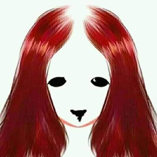 A cartoon illlustration of a girl with a white face, red hair, and black eyes. This is Yotteno