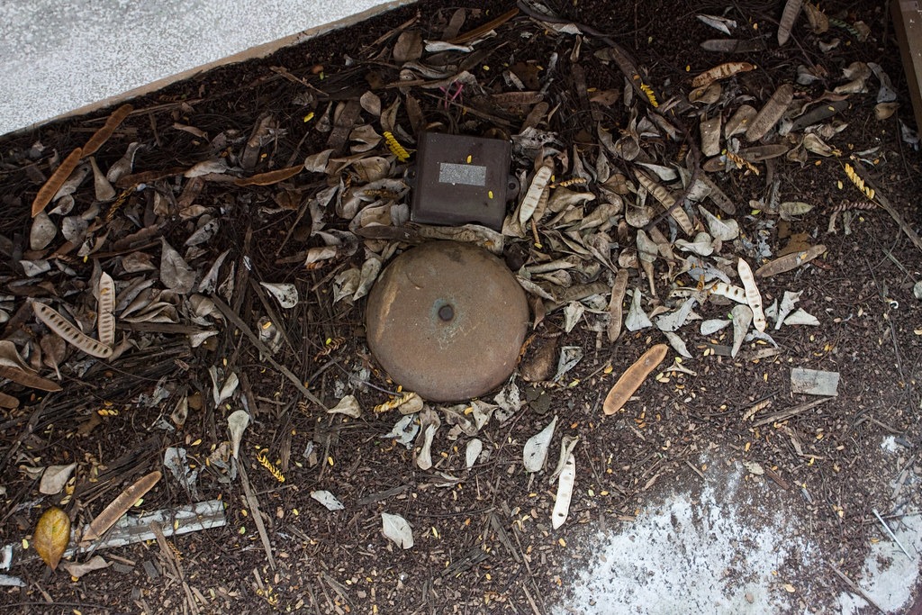 An old school bell on the ground at the abandoned hostel