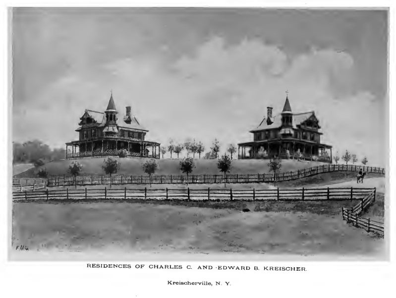 Illustration of the twin Kreischer mansions circa 1887