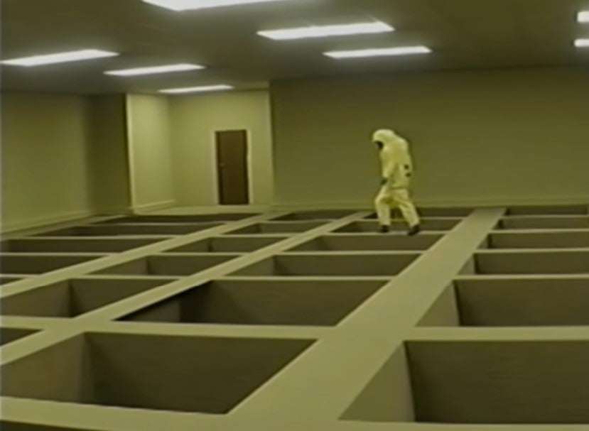 An Async employee crossing the Pitfall Room in the video Backrooms - Pitfalls