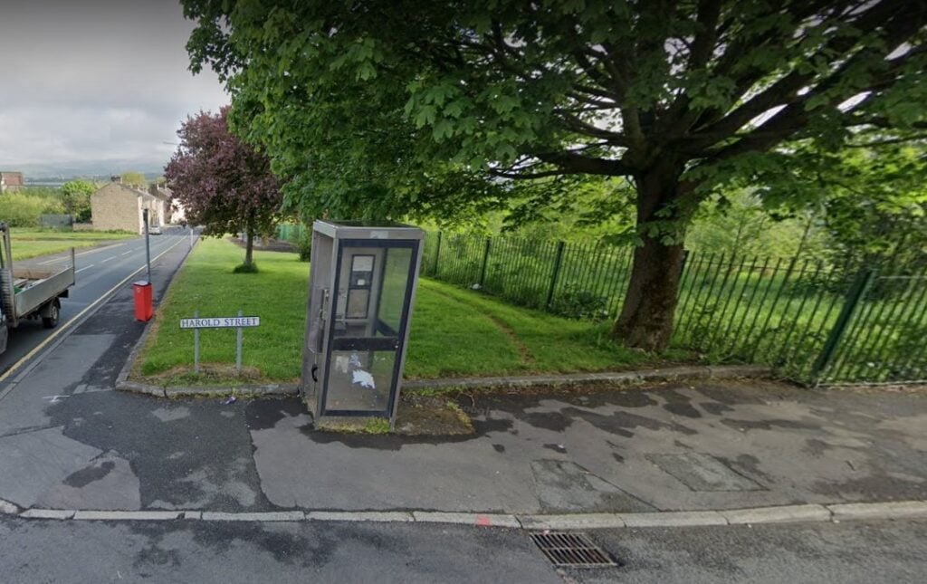 A phone booth on Harold Street in Burnley, UK