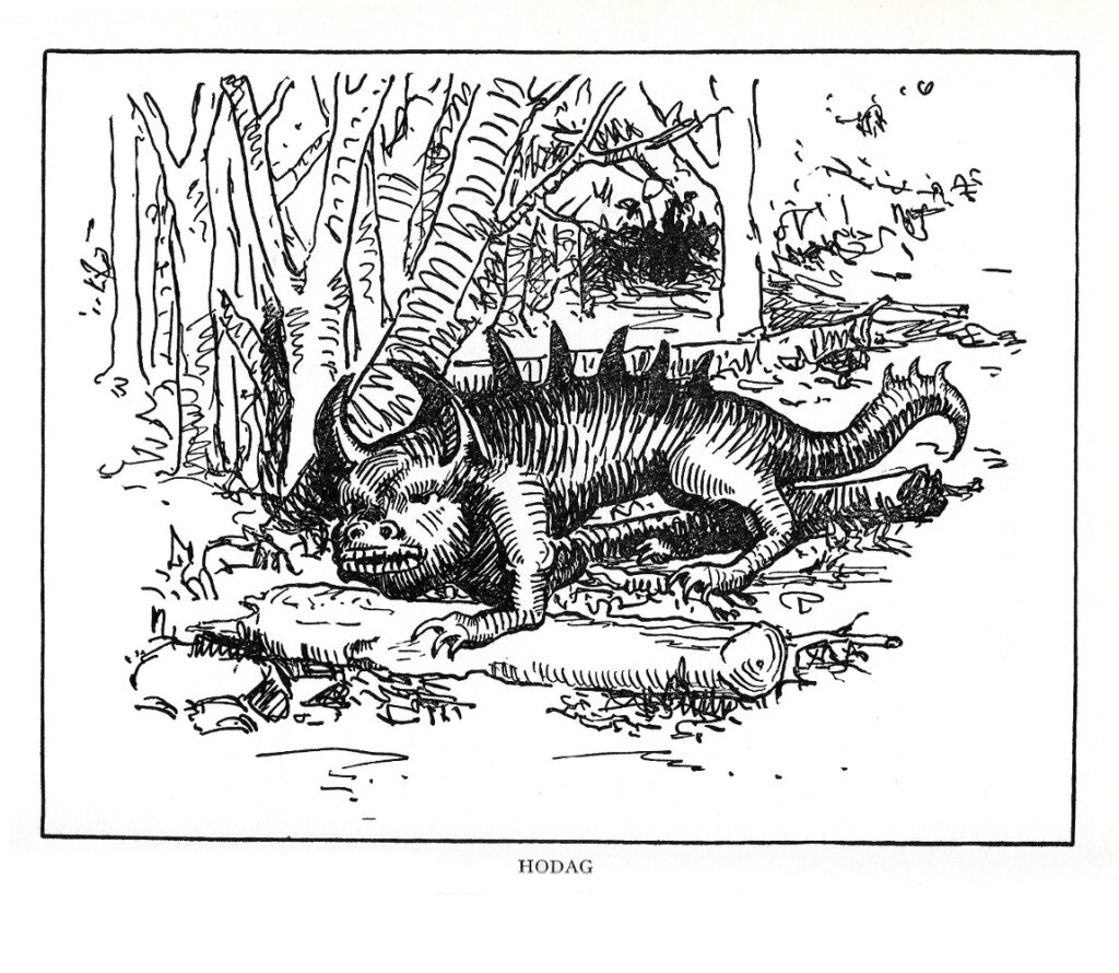 A black and white illustration of a hodag
