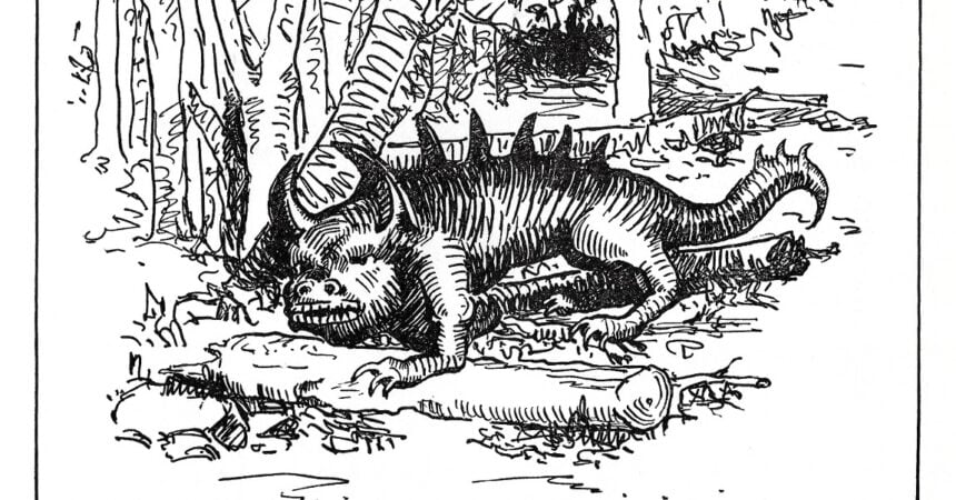 A black and white illustration of a hodag