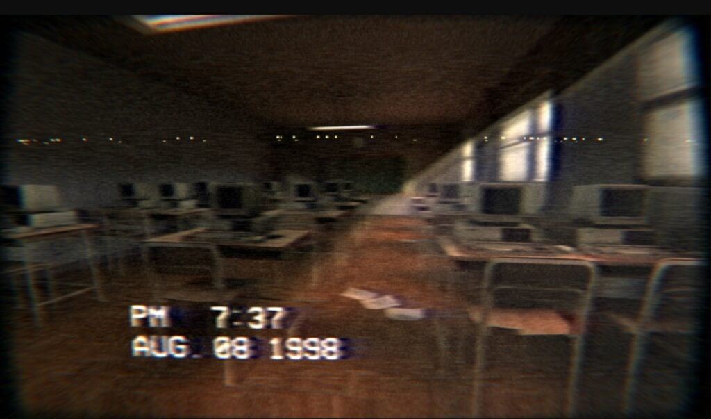 A screenshot from The Building 71 Incident showing an abandoned classroom full of desks with old computers on them