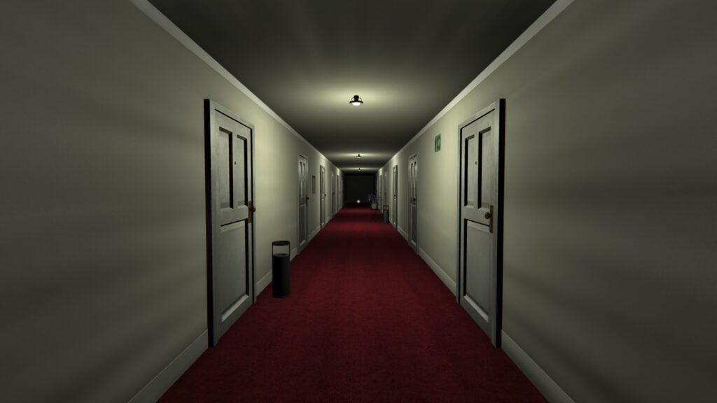 A screenshot from Death Trips showing a hotel hallway with white walls and doors and a red carpet