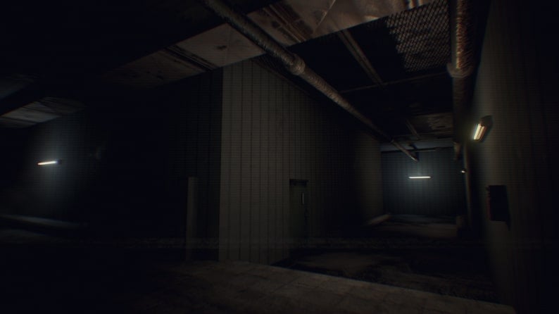 A screenshot from Human showing a dark industrial hallway