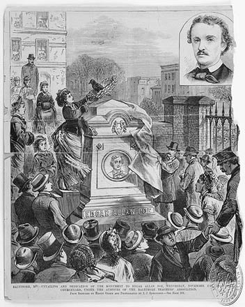 An illustration of the dedication of the Edgar Allan Poe memorial from 1875