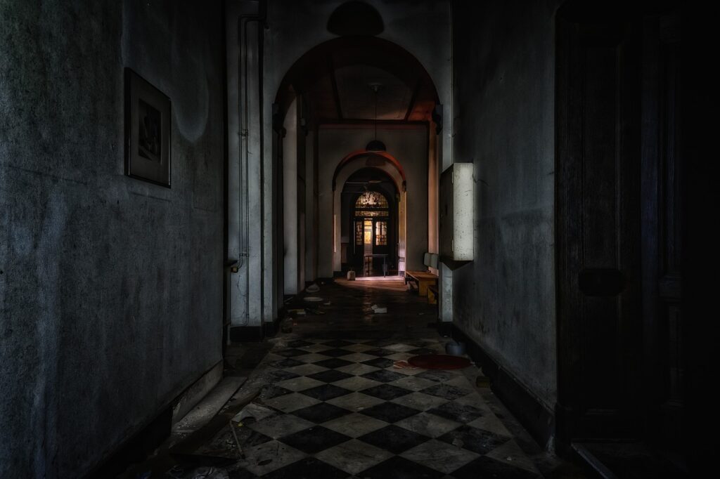 A once grand hallway, fallen into disrepair