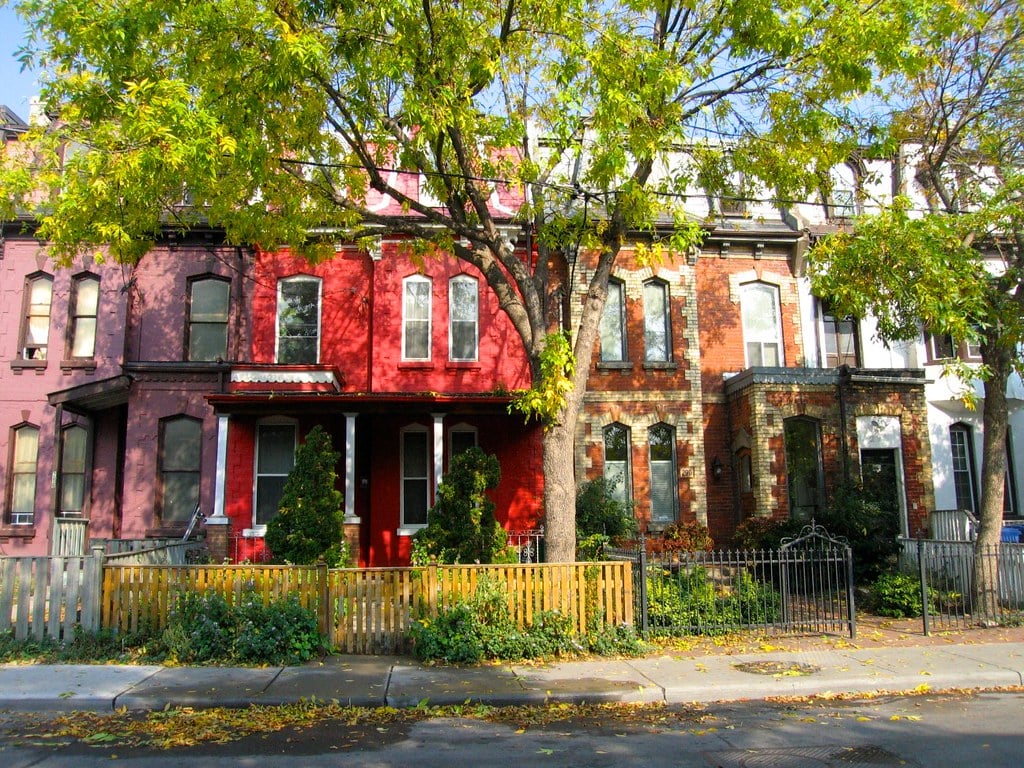 Brightly colored row houses in Cabbagetown, Toronto