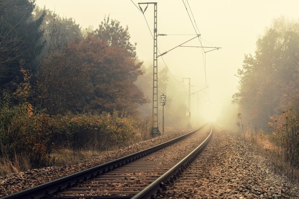 Train tracks in the fog