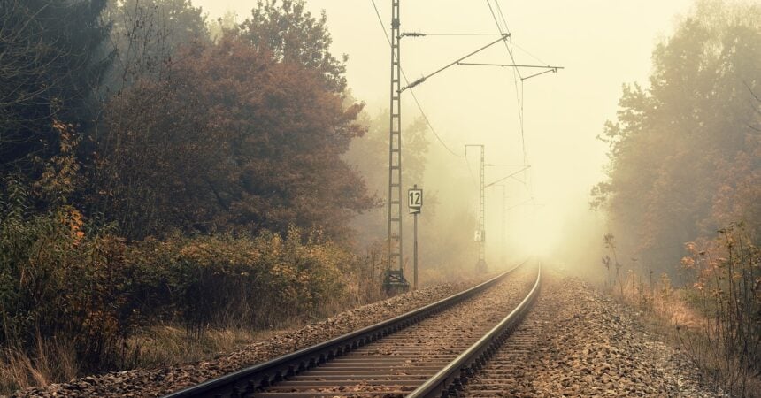 Train tracks in the fog