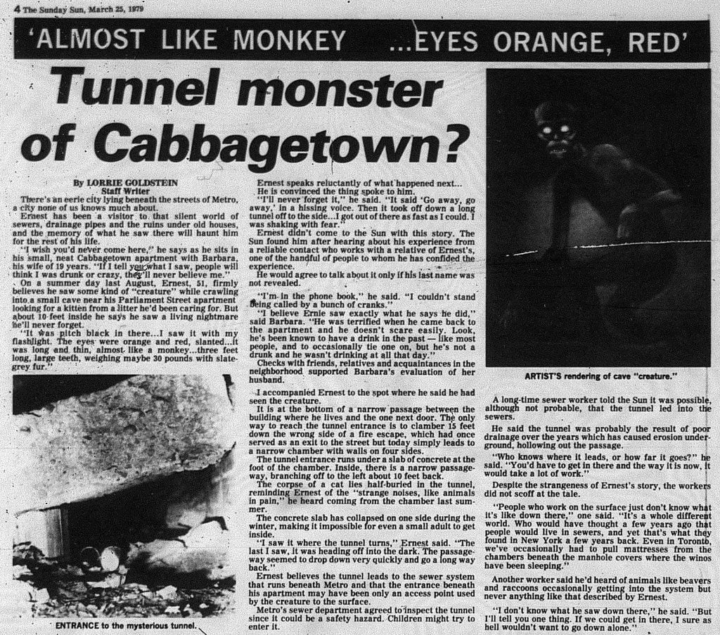 The newspaper article about the tunnel monster as seen in the Sunday Sun on March 25 1979