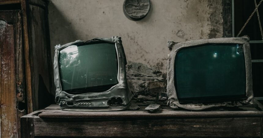 two old televisions, slightly melted, as if they've been in a fire