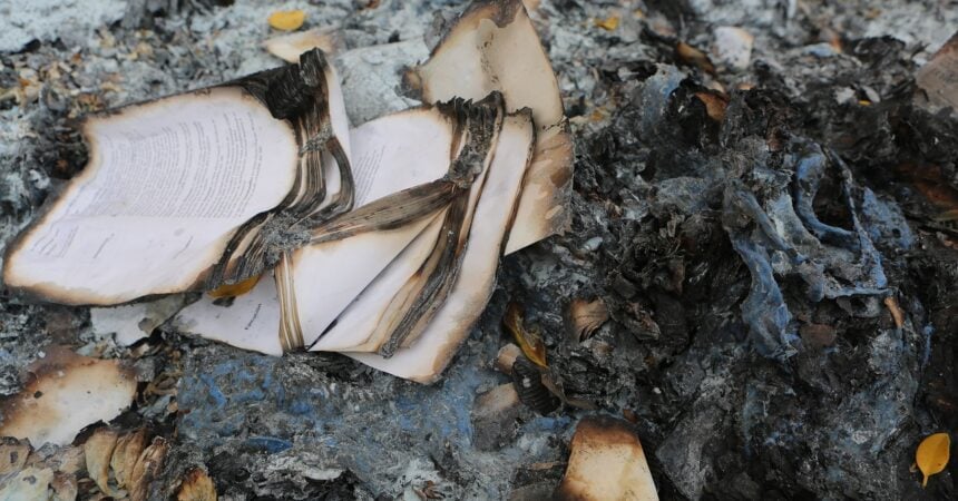 burned pages from a book with a pile of ashes