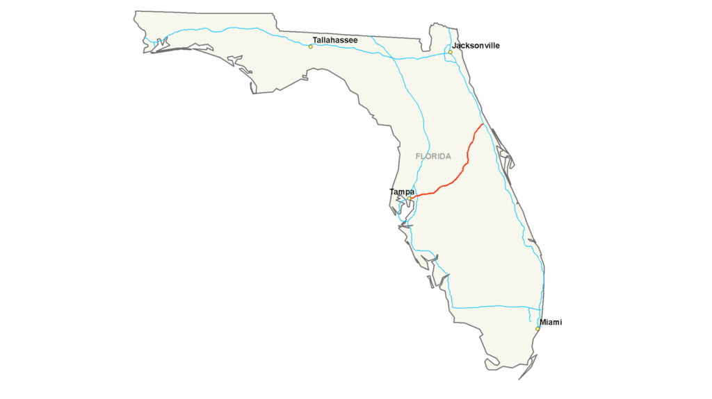 a map of florida showing the route for interstate 4 marked in red
