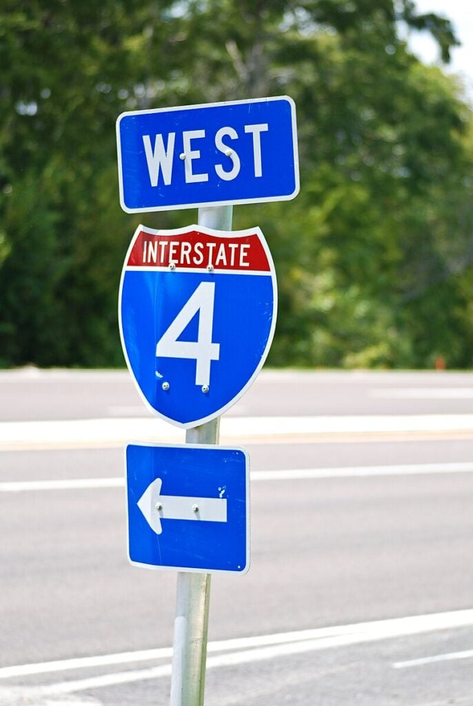 a road sign for Interstate 4 West in Florida