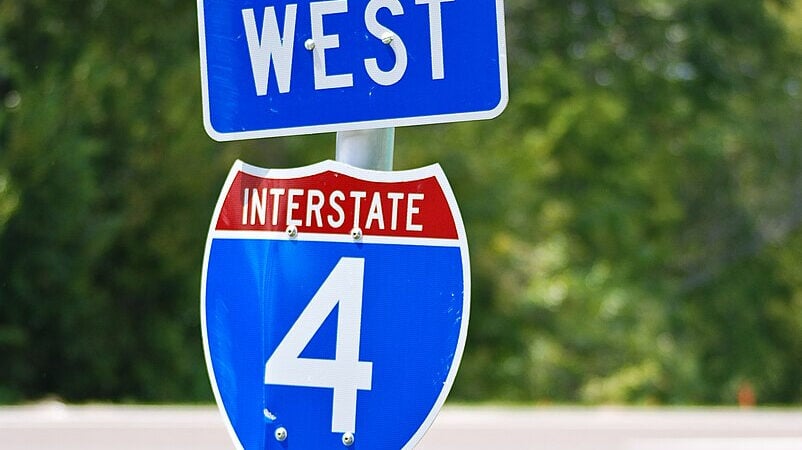 A sign for Interstate 4 West in Florida