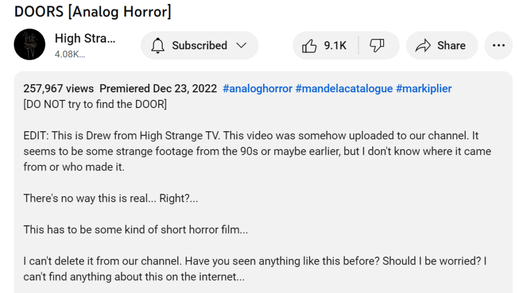 A screenshot of the description box of the video DOORS Analog Horror on the High Strange TV YouTube channel