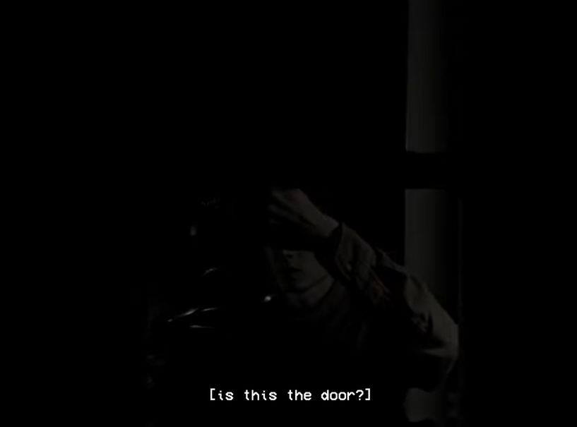 A screenshot from DOORS Part 2 Analog Horror depicting a male figure outside in the dark with subtitled text reading Is this the door