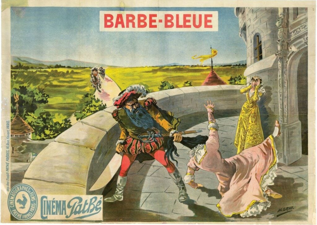 an illustrated poster for the 1907 film Barbe-Bleue depicting Bluebeard dragging his wife by the hair, plus a horrified onlooker, on the balcony of Bluebeard's estate