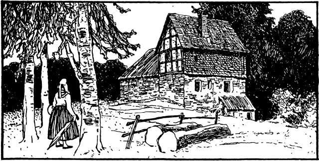 An illustration of the protagonist of the story The Robber Bridegroom arriving at the Robber Bridegroom's house in the woods