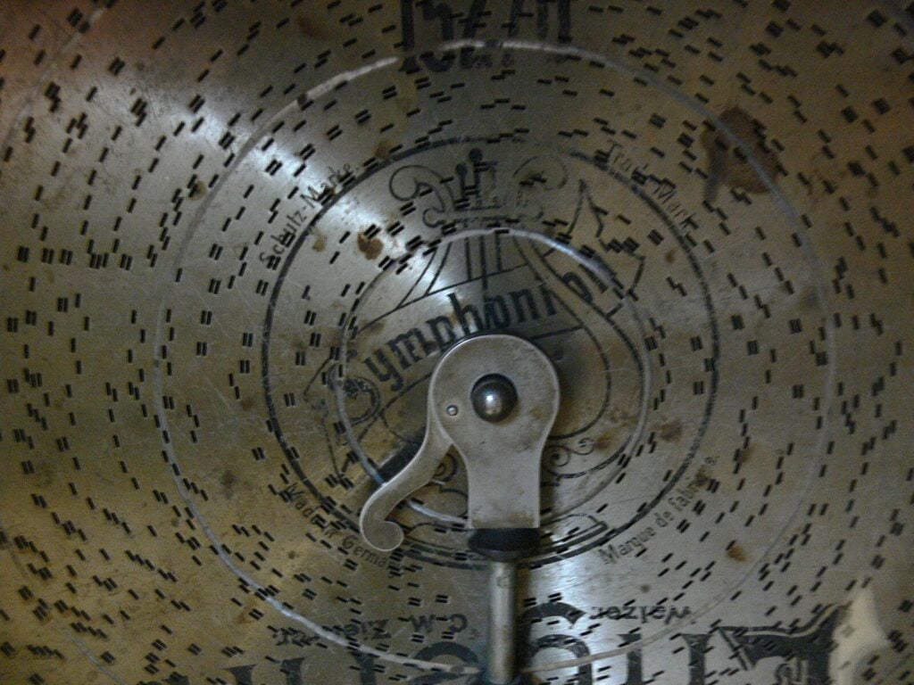 up-close detail of the mechanism inside a music box