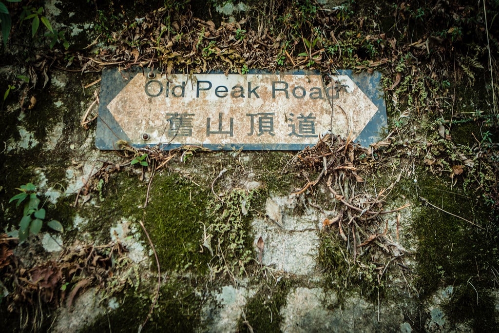 A street sign reading "Old Peak Road" in English on top and Chinese on bottom, partially buried in leaves, dirt, and moss