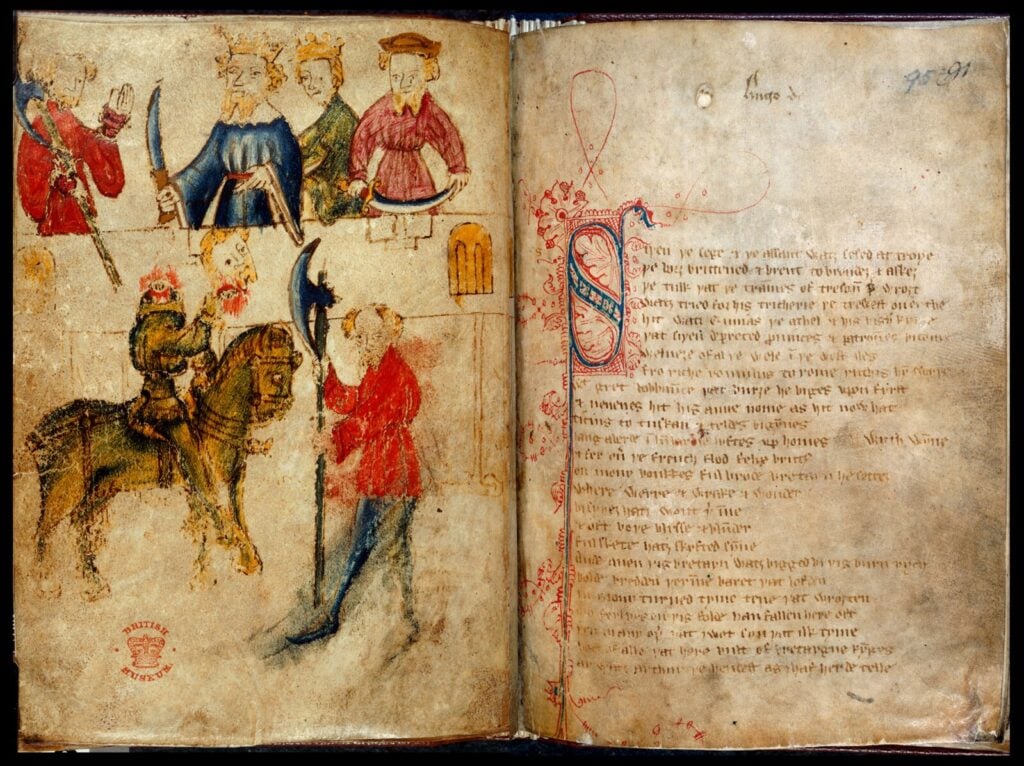 a medieval manuscript page with illustrations of Gawain And The Green Knight