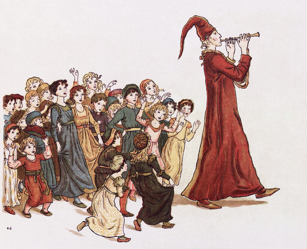 The pied piper leading children away, drawn by Kate Greenaway