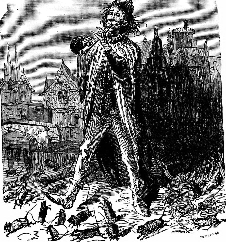a black and white illustration of the pied piper playing a fife with rats crawling about his feet
