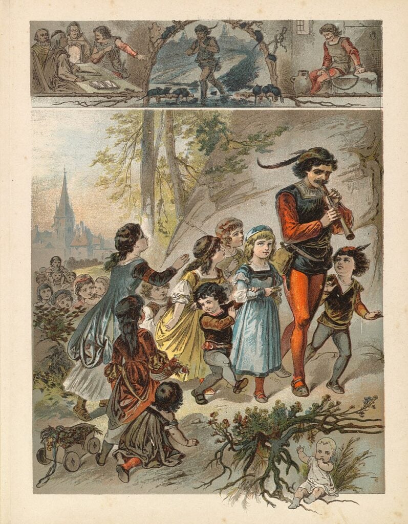 The pied piper, leading children away