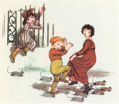 an illustration by kate greenaway of the pied piper legend, depicting three children shying away from aggressive rats 