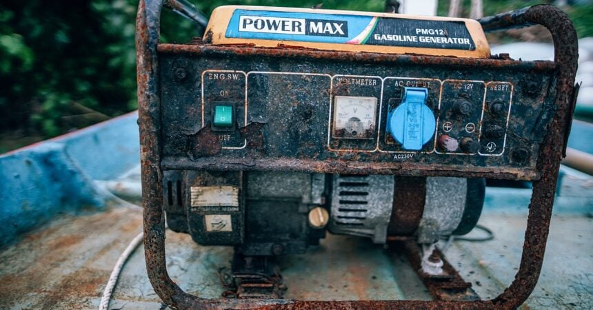 an emergency power generator for home usage, rusted and a bit worse for the wear, sitting on a wooden deck surface with greenery in the background