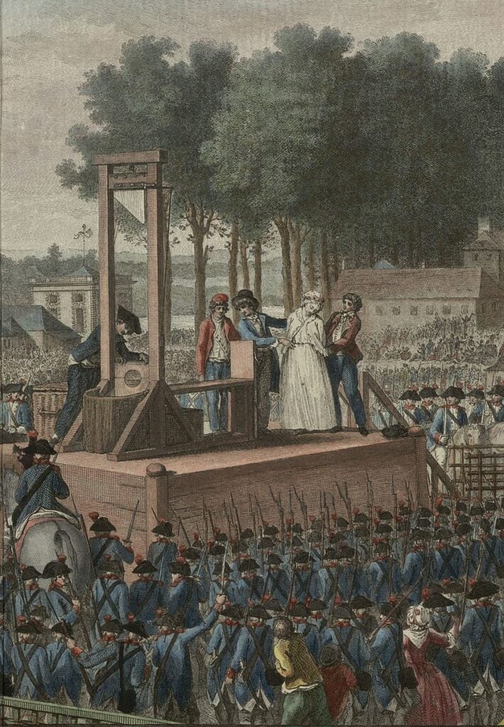 an illustration of marie antoinette on the scaffolding of a guillotine during the french revolution
